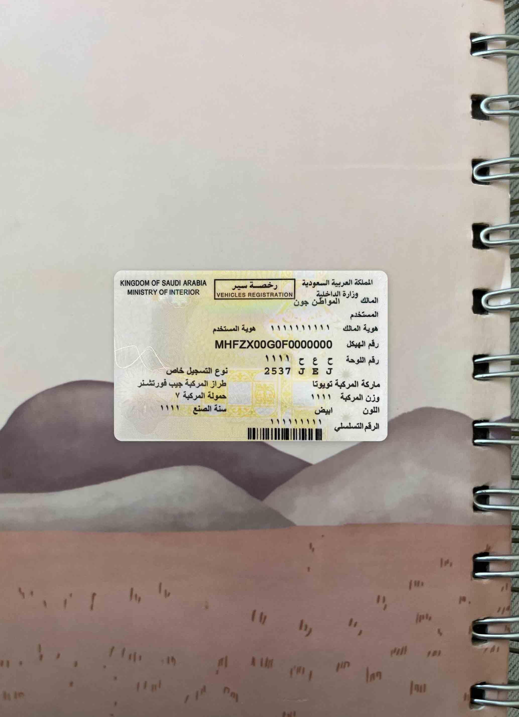 Realistic Saudi Arabia vehicles registration photolook download for verification